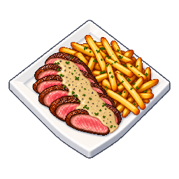 Steak frites with peppercorn sauce and parsley garnish
