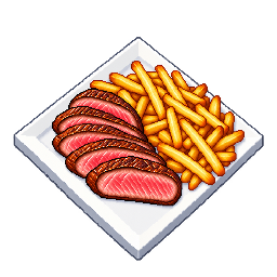 Sliced steak with fries on a square plate